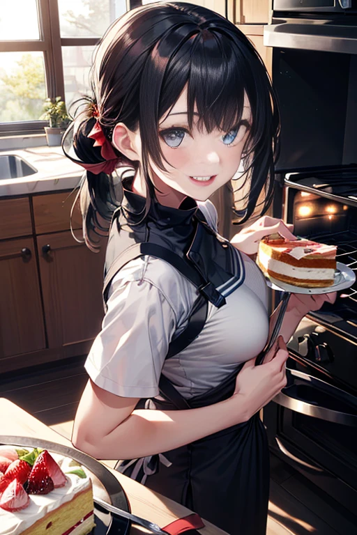 (dynamic angle:1.3, front view:1.1, breast focus:1.3, from above:1.1), (dynamic posing:1.2, sexy posing:1.2), (seductive smiling:1.3), ((looking at cake,Taking a cake out of the golden oven, worried about the outcome:1.2)),highest quality、(real、photorealistic:1.4),(ultra high resolution, 8K RAW photo, clear focus), best qualtiy, natural lighting, field depth, (Bright pupils, detailed beautiful eyes, high detailed face), Red lip, (tight focus:1.2), a girl 22yo old, Wearing a pastry chef uniform:1.3 , Thicc, thin breast, long hair, blue eyes,a pastry pretty girl:1.1, (highly detailed beautiful face and eyes,small breasts),real skin,((black,hair,long pony tail hair)),thin pubic hair,cute,lovely, detailed eyes,(double breasted:1.0,under bust:1.0),(with sparkling eyes and a contagious smile),open mouth, Looking at Viewer,A scene of cooking in the kitchen with the oven made by goldden 