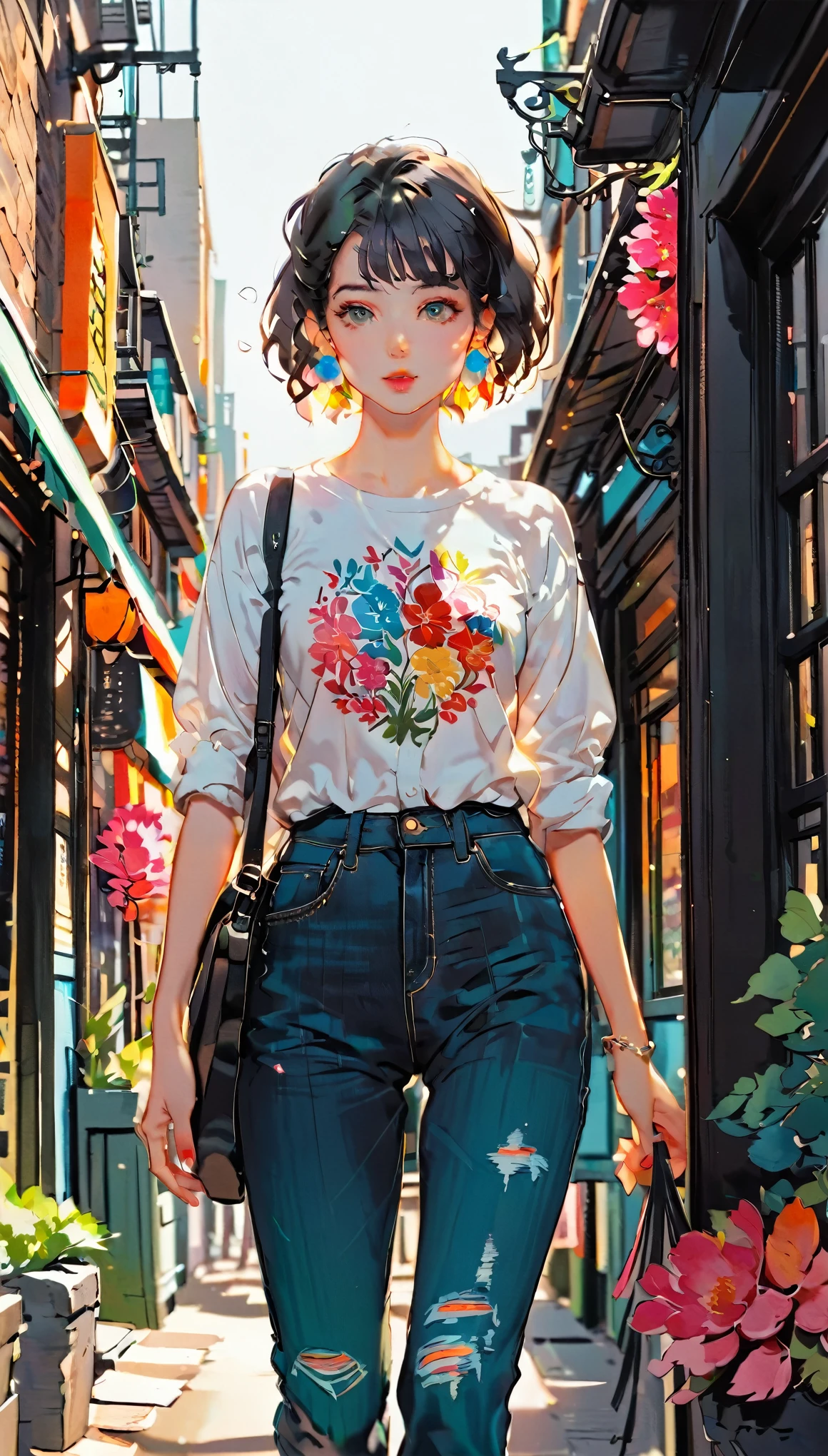 (((paper cutting style))), 1 girl, short black hair, shirts and denim, portfolio, walking through a vibrant cityscape