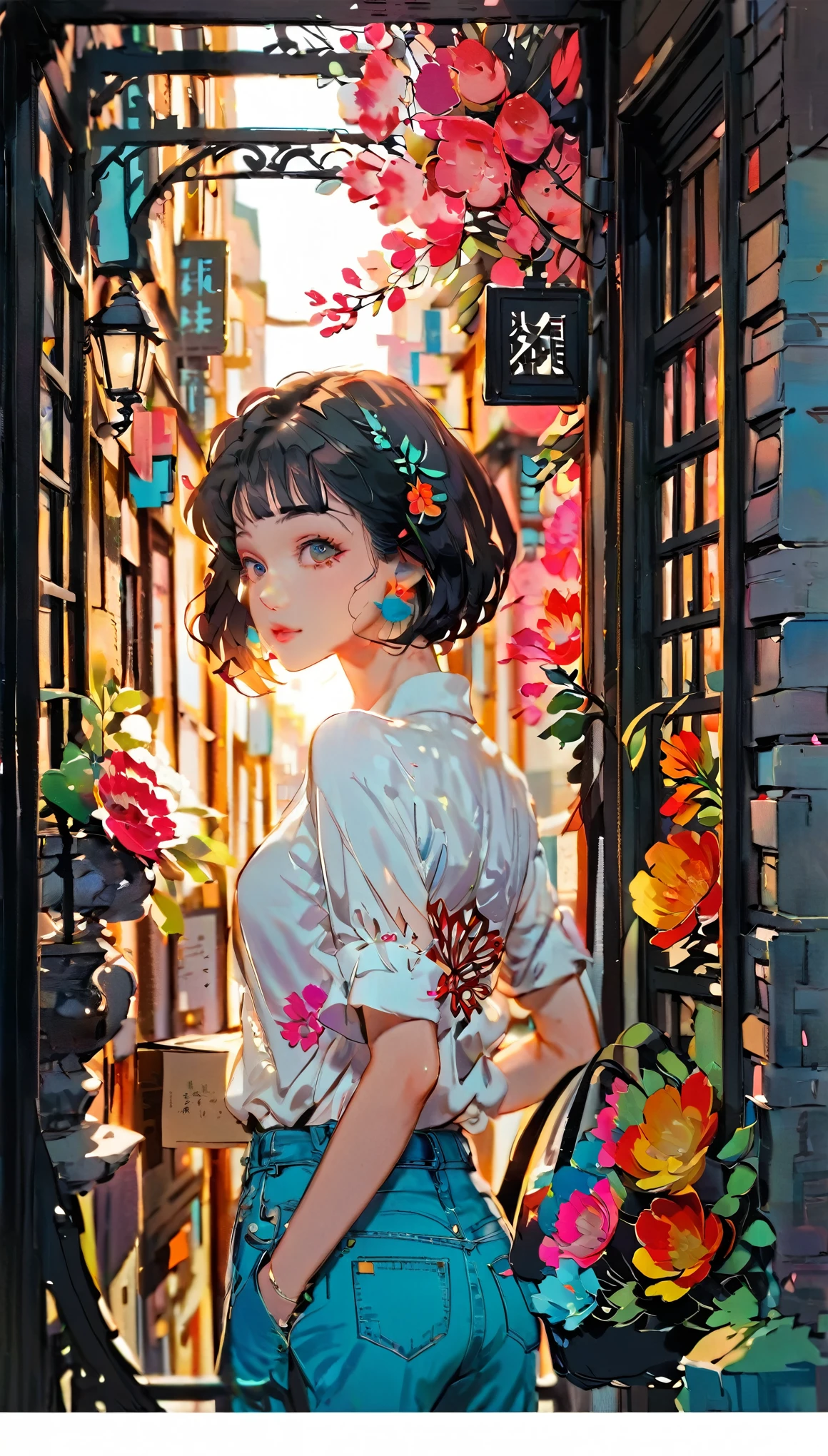(((paper cutting style))), 1 girl, short black hair, shirts and denim, portfolio, walking through a vibrant cityscape
