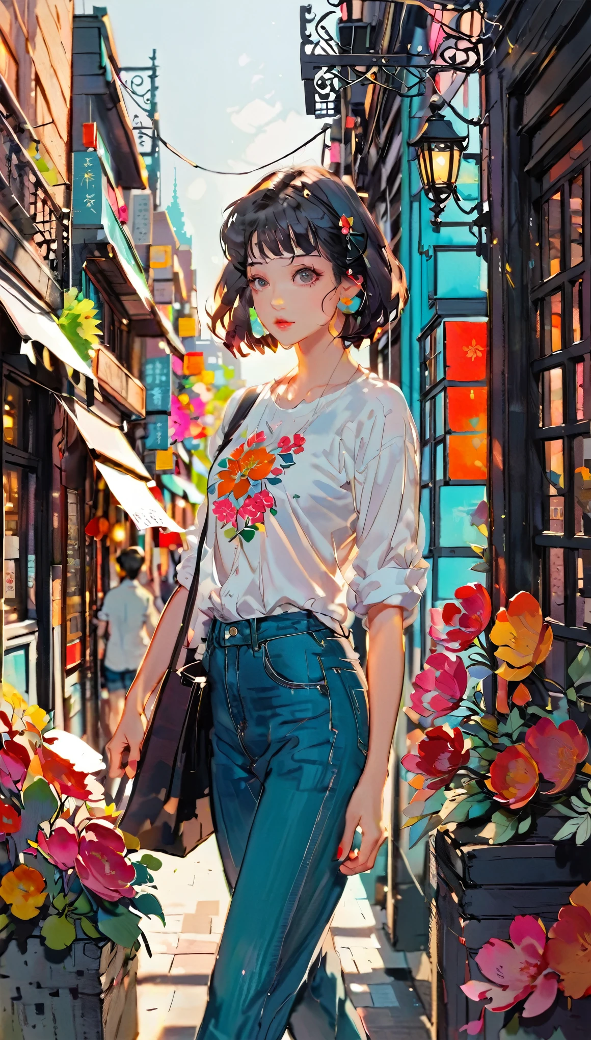 (((paper cutting style))), 1 girl, short black hair, shirts and denim, portfolio, walking through a vibrant cityscape