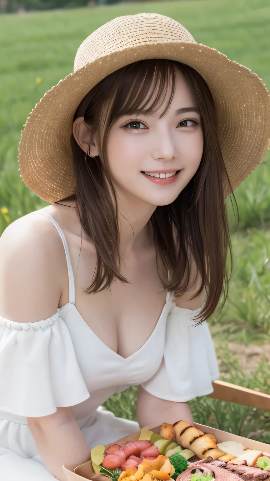 top-quality,fullbody shot,,super high resolution,(Realistic:1.4),Raw photography,
highest quality、masterpiece、超A high resolution、(Photorealistic:1.4)、RAW Photos、1 girl、White Dress、Off the shoulder、Flower Field、Glowing Skin、A light smile、Braided hair、Floating Hair、Rape flower field、Backwards、Backwards , Straw hat , huge shy smile , big eyes , heart-shaped pupils , blush , pout , random cute pose , Have a barbecue:1.5 , Reaching out , Grilled meat , picnic