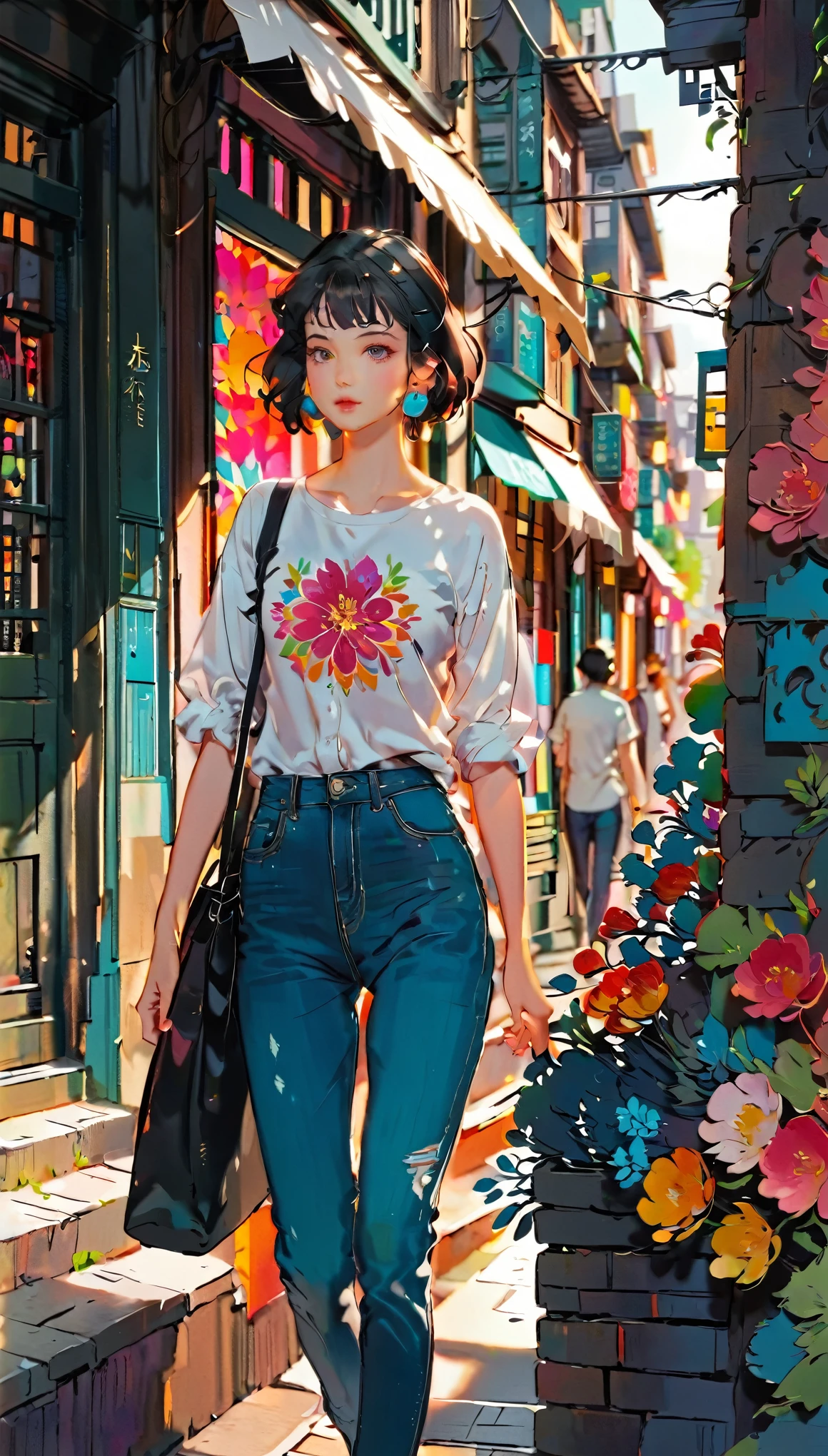 (((paper cutting style))), 1 girl, short black hair, shirts and denim, portfolio, walking through a vibrant cityscape