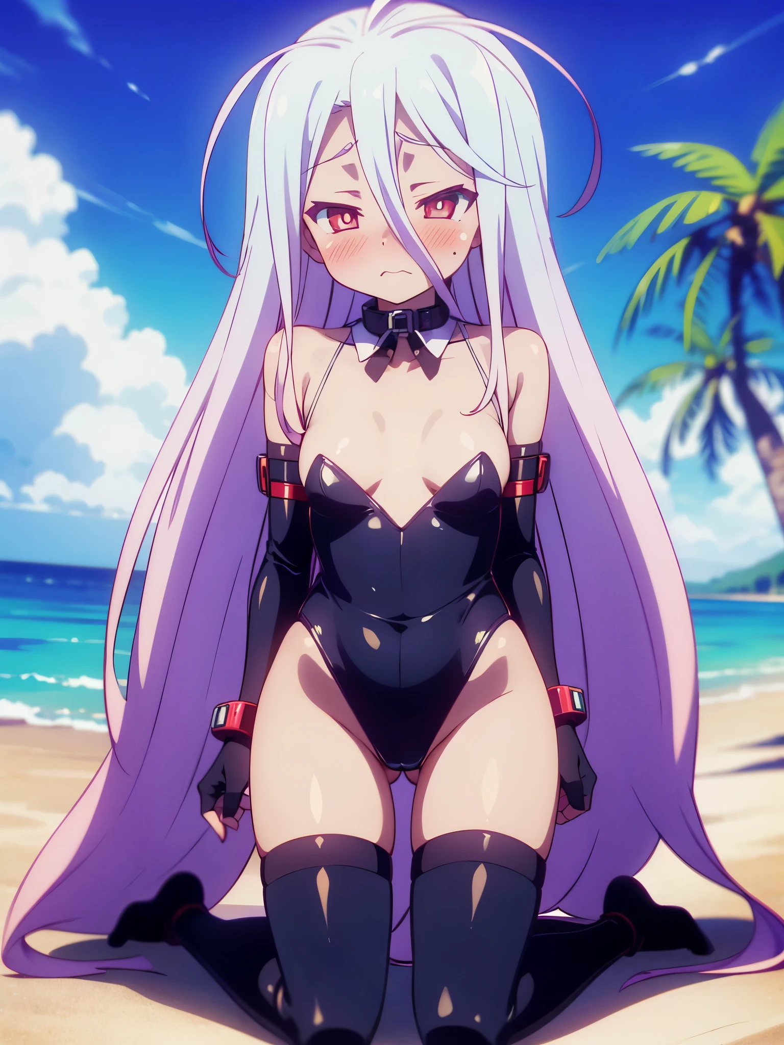 NSFW、Long Hair、とてもLong Hair、Hair between the eyes、Red eyes、Bright pupils、Multicolored eyes、Multicolored Hair,Small breasts,Black leotard、Taimanin Suit、One Piece Tan、Elbow Gloves、Fur trim、Fingerless gloves、Frilled leotard、Thigh-high boots,Tattoo,(Iron Collar:1.5),(Perfect hands),(Perfect Anatomy),(masterpiece),(highest quality),(Embarrassed:1.5),blush,Feeling embarrassed,(Ecstasy face:1.5),beach,Palm tree,Rock Shade,(whole body:1.5)