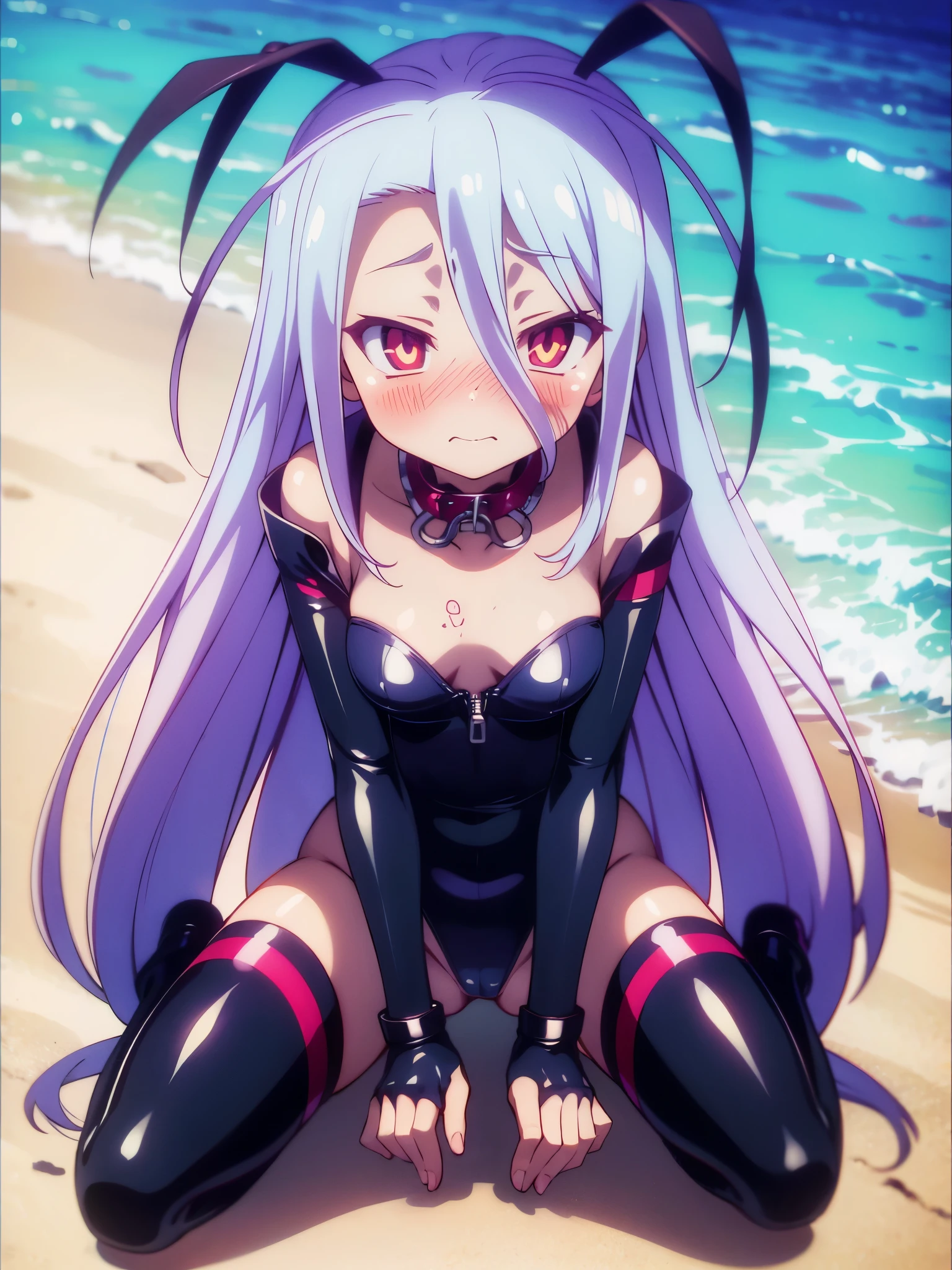 NSFW、Long Hair、とてもLong Hair、Hair between the eyes、Red eyes、Bright pupils、Multicolored eyes、Multicolored Hair,Small breasts,Black leotard、Taimanin Suit、One Piece Tan、Elbow Gloves、Fur trim、Fingerless gloves、Frilled leotard、Thigh-high boots,Tattoo,(Iron Collar:1.5),(Perfect hands),(Perfect Anatomy),(masterpiece),(highest quality),(Embarrassed:1.5),blush,Feeling embarrassed,(Ecstasy face:1.5),beach,Palm tree,Rock Shade,(whole body:1.5)