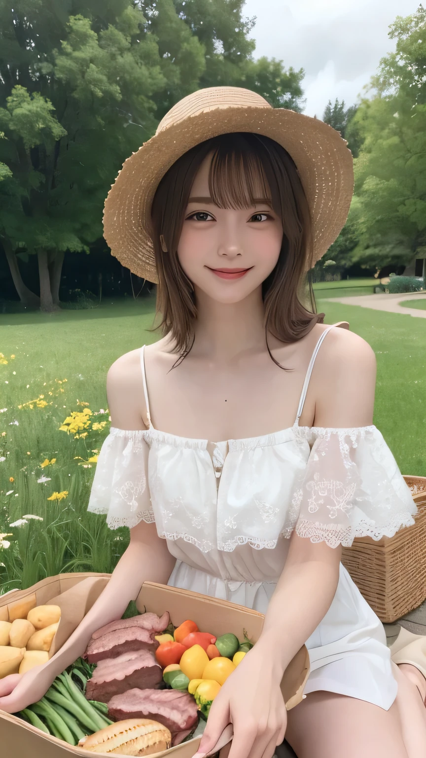 top-quality,fullbody shot,,super high resolution,(Realistic:1.4),Raw photography, 

highest quality、masterpiece、超A high resolution、(Photorealistic:1.4)、RAW Photos、1 girl、White Dress、Off the shoulder、Flower Field、Glowing Skin、A light smile、Braided hair、Floating Hair、Rape flower field、Backwards、Backwards , Straw hat , huge shy smile  , big eyes , heart-shaped pupils , blush , pout , random cute pose  , Have a barbecue:1.5 , Reaching out , Grilled meat , picnic