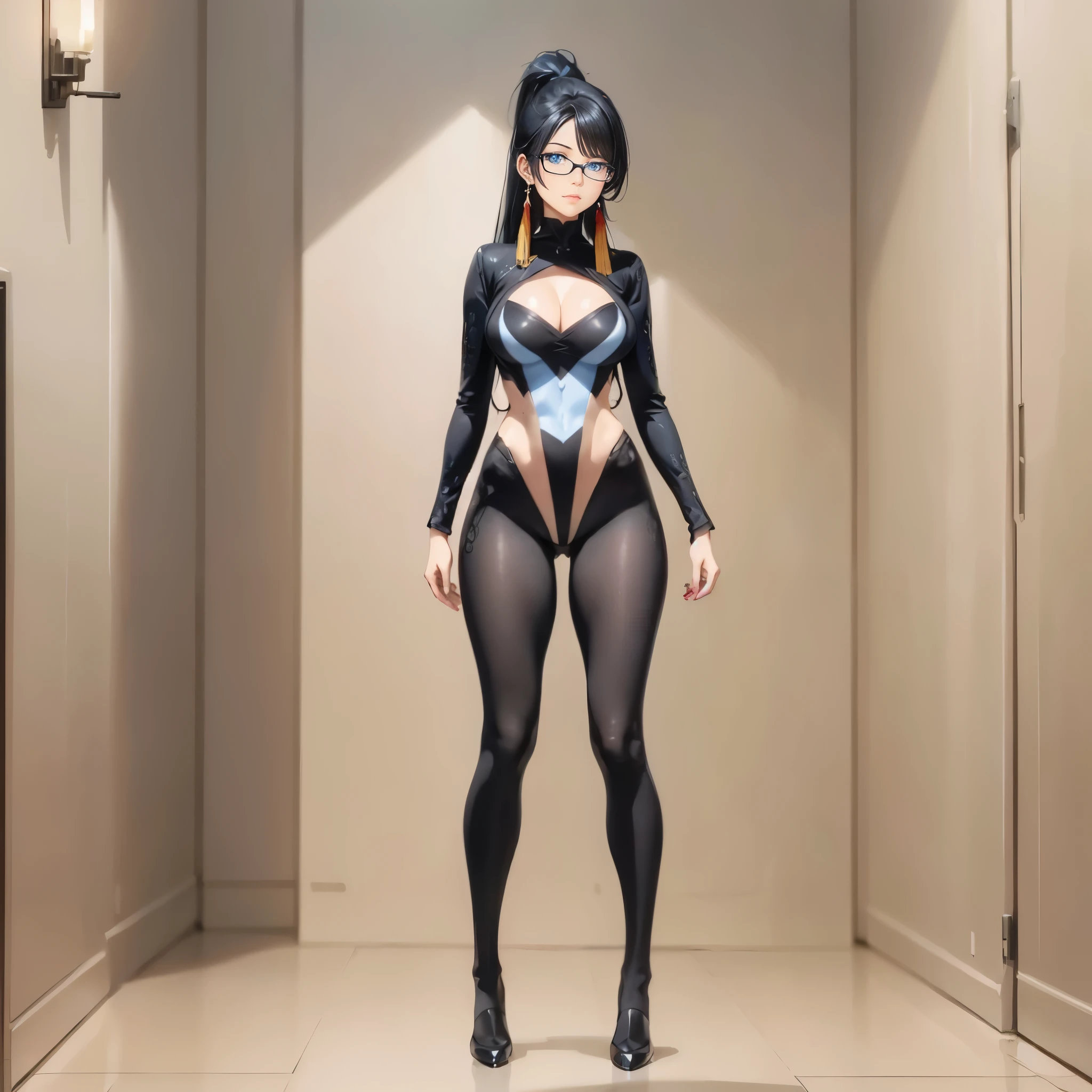 ((1girl, solo, full body, full body front)), ((standing)), (perfect anatomy, perfect hands, perfect legs), beautiful body, natural proportions BREAK

extremely detailed face, (beautiful detailed eyes:1.6), (realistic pupils, realistic iris:1), expressive eyes, looking at viewer, (hyperrealistic:1), (detailed skin texture:1.2), smooth skin, (black hair:1.5), (blue eyes:1.4), (long hair:1.4), multicolored hair, two-tone hair, streaked hair, gradient hair, (red hair:1.2), very long hair, high ponytail, bangs, parted bangs, sidelocks, ((tassel earrings)), hair ornament, hair stick, glasses, semi-rimless eyewear, red-framed eyewear, ((mature female)) BREAK

(skin tight:1.5) BREAK

(masterpiece:1.2), best quality, high resolution, (highly detailed shading), (realistic lighting:1.2), anime-style, perfect lighting, bright lighting, vibrant colors, dynamic tones, striking hues, 8k, absurd resolution, perfect shadows, hdr, UHD, ambient lighting, realistic, ultra-realistic, photo realistic, highly detailed, rich detail, luminous colors, fine texture, intricate design, professional illustration, (soft light), (illustration:0.8)