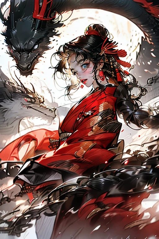 1girl and 1dragon,big red dragon,navy yukata,she has a Japanese sword, Japanese style,black hair and long hair