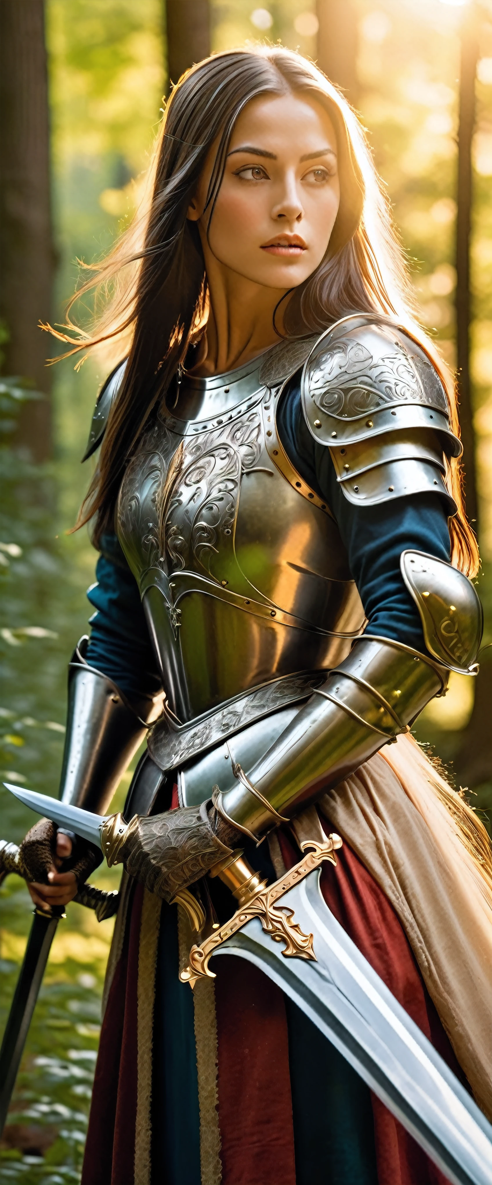 "A stunningly beautiful and divine female knight from medieval Europe, wearing ornate and shining armor with intricate details, holding a gleaming sword. She stands in a lush, vibrant forest with a castle visible in the distance. The scene is rich in vivid colors, with sunlight filtering through the trees, casting a golden glow. The knight has long flowing hair and a confident, serene expression."