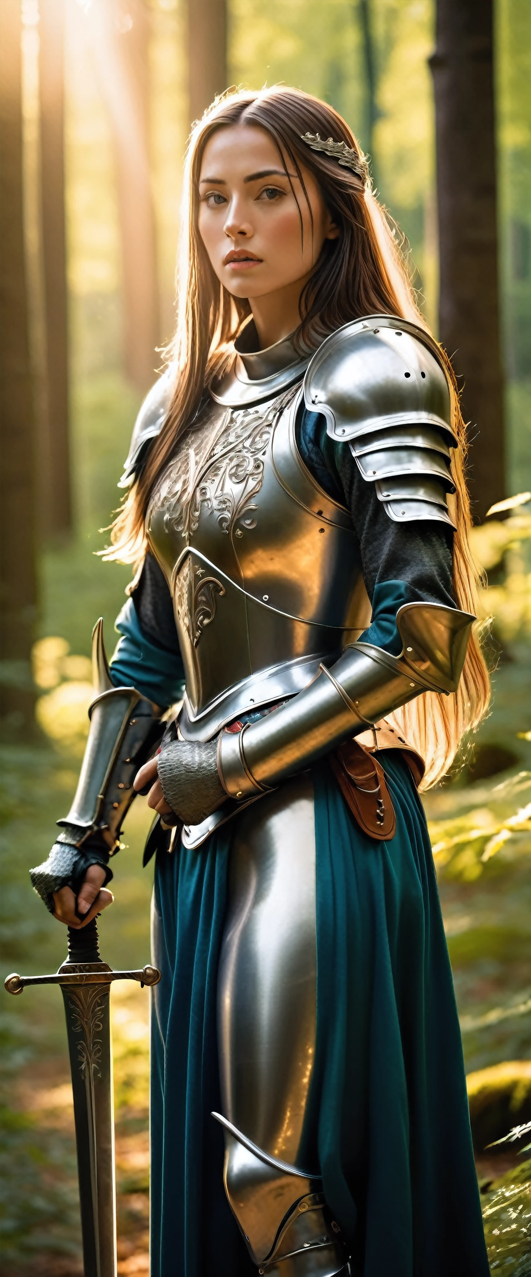 "A stunningly beautiful and divine female knight from medieval Europe, wearing ornate and shining armor with intricate details, holding a gleaming sword. She stands in a lush, vibrant forest with a castle visible in the distance. The scene is rich in vivid colors, with sunlight filtering through the trees, casting a golden glow. The knight has long flowing hair and a confident, serene expression."