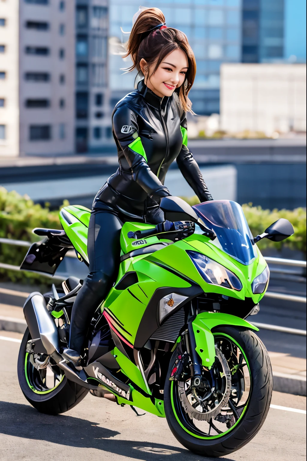 Glowing cyber girl with cybernetic arm,(Transparent and revealing clothing:1.3, ),(Cyber Girl is、Ride through a futuristic city on a colorful, custom-painted green Kawasaki Ninja motorcycle:1.3),mini skirtを履いてバイクに跨り白いパンティが見えてます、kawasaki ninja250、He is riding a bike and showing her white panties.、 （Ultra mini skirt:1.3）、Shiny light brown and orange striped ponytail hair,Cute Smile,Perfect round face,A bright smile that makes everyone happy,Proper body balance,Tabletop,Ultra-high quality output images,High resolution,Intricate details,Very delicate and beautiful hair,Realistic photos,dream-like,Professional Lighting,Realistic Shadows,Focus Only,Beautiful Hands,Beautiful fingers,Detailed functions of the fingers,Detailed characteristics of the garment,Detailed characteristics of hair,Detailed facial features,