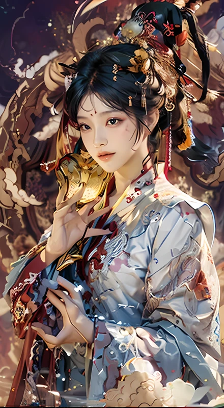 (((White clouds background))), (((High saturation))), ((surrounded by colors)))) Super detailed, beautiful and aesthetic, masterpiece, best quality, (Zentangle, Mandala, Trolls (Tanged), Aperture), (Fractal Art: 1.3), 1 Girl, Very detailed, Dynamic angle, Cowboy shooting, The most beautiful form of chaos, elegant, brutalist design, Vibrant colors, , Michael Mraz, Adrian Gurney, Petra Courtright, atmosphere, Ecstatic notes, Flowing notes visible
