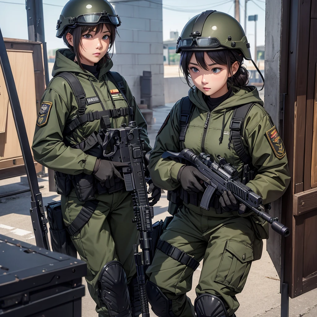 3 female soldiers,Wearing a special forces helmet,dress up(Wearing dark green combat uniform、wearing a hoodie、Front view、stand in a line、Combat Shooting、military trousers、Magazine Pouch、Tactical harness、Elbow pads,Knee pads,Tactical Holster)、Military base gate,Write details、masterpiece、best quality、Highly detailed CG、8K picture quality、theater lighting、lens flare