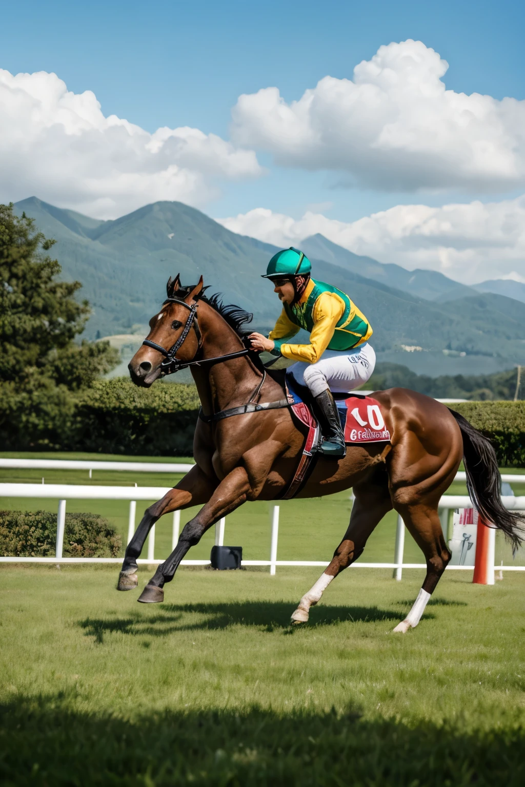 Feeling of sprinting, Fluttering in the wind,Sense of speed,blue-sky,hight resolution,painterly,Background art,an oil painting,Landscape painting,drawing,racecourse,landscapes,Side view,Landscape only, racecourse in the background, green equestrian attire