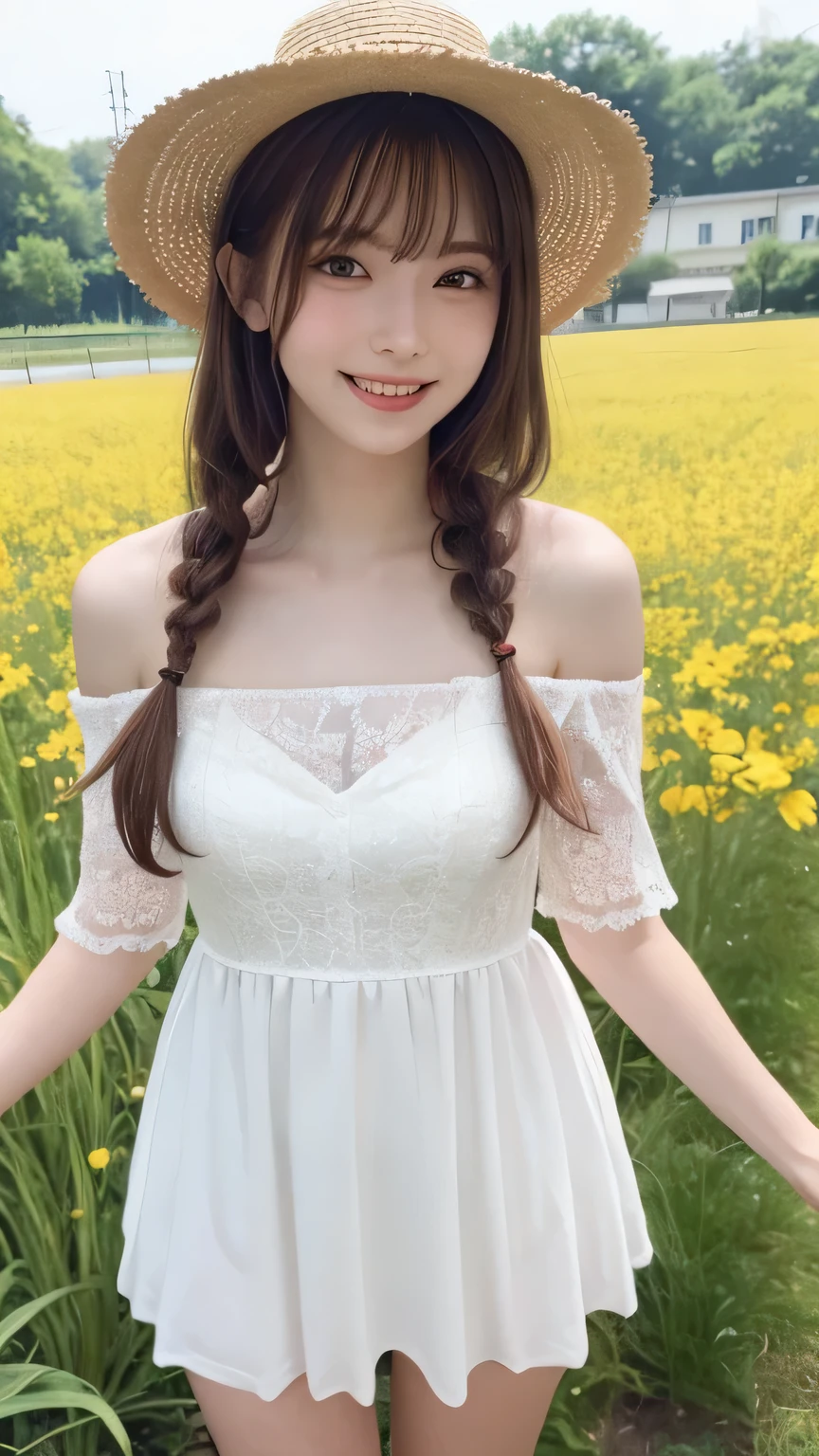 top-quality,fullbody shot,,super high resolution,(Realistic:1.4),Raw photography,
highest quality、masterpiece、超A high resolution、(Photorealistic:1.4)、RAW Photos、1 girl、White Dress、Off the shoulder、Flower Field、Glowing Skin、A light smile、Braided hair、Floating Hair、Rape flower field、Backwards、Backwards , Straw hat , huge shy smile , big eyes , heart-shaped pupils , blush , pout , random cute pose , Have a barbecue:1.5 , Reaching out , Grilled meat , picnic