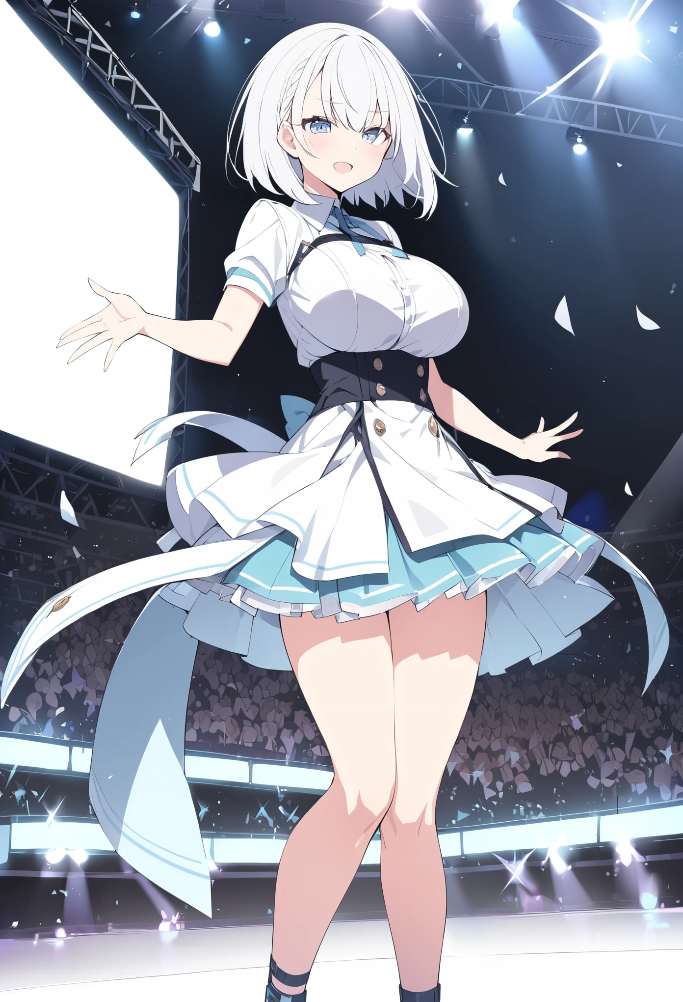 white hair, short hair, glay eyes,, large breasts,, Live Stage, solo