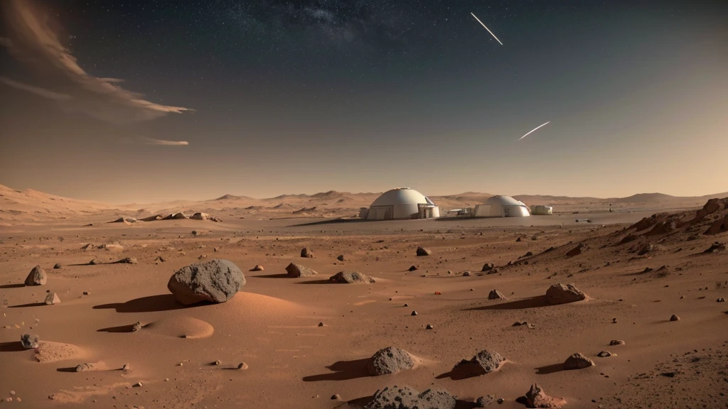Advanced facilities at the Mars base，Including spacecraft、Living modules and research laboratories，Surrounded by Martian rocks and dust。There are bright stars and the satellite of Mars in the sky，The picture is mainly about the Mars base。Highlighting that the Mars base is the future home of mankind。
