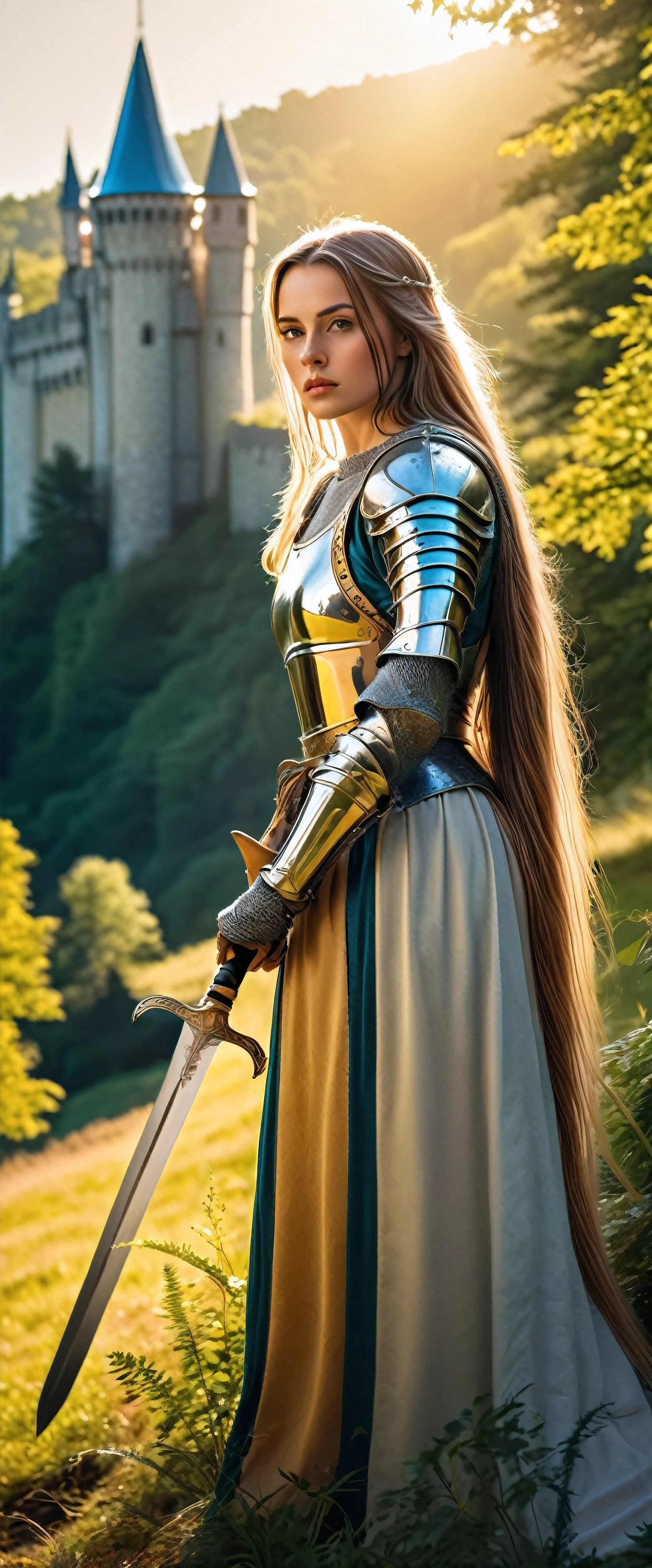 "A stunningly beautiful and divine female knight from medieval Europe, wearing ornate and shining armor with intricate details, holding a gleaming sword. She stands in a lush, vibrant forest with a castle visible in the distance. The scene is rich in vivid colors, with sunlight filtering through the trees, casting a golden glow. The knight has long flowing hair and a confident, serene expression."