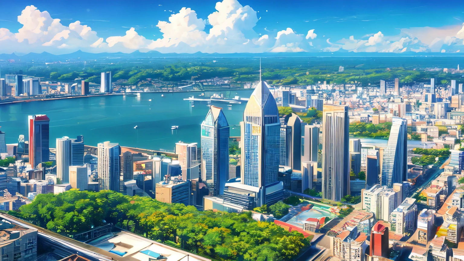 ((best quality)), ((masterpiece)), (detailed), stunning aerial shot of a bustling
anime cityscape merging Japanese and Thai architectural styles, blue archive
game inspiration.
