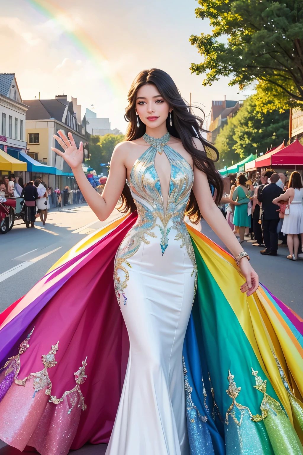 Fantasy art, photorealism, vibrant splash colors, Pride Month, festival carnival, dynamic lighting, artstation, poster, high resolution 8K, extremely detailed faces, long hair, evening gown dress, rainbow flag, stand in parade car, rainbow diamond accessories, white person with a slim body, fashion-forward, modeling. The woman stands gracefully in the parade car, waving one hand with a radiant smile, adorned with a rainbow diamond accessory. Her long, luscious hair flows in the wind, and her slim body is accentuated by the elegance of her evening gown dress. Her detailed face, with beautifully colored eyes, is adorn