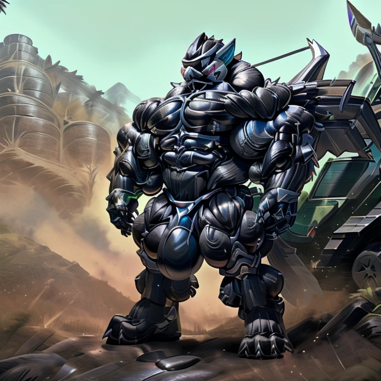 universe, ZERAORA, (gigantic muscles), 8K, Masterpiece, highres, future fiction. Detailed head, Detailed Body, full body, Detailed abs, wearing crNanosuit, big muscle (pecs, triceps, traps) unusually developed muscular body, body full of huge muscles. showing off muscles, pectorales enormes. Exaggeratedly huge muscles. Gigachad Muscular, gigantic muscles, Colossal giant NANOSUIT over a battlefield, The claws are sharp, Sharp teeth, Spread wings, have big wings. nj5furry, Animal paws, hyper  (black color), long legs, wearing a tiny  (metallic color: jet black )