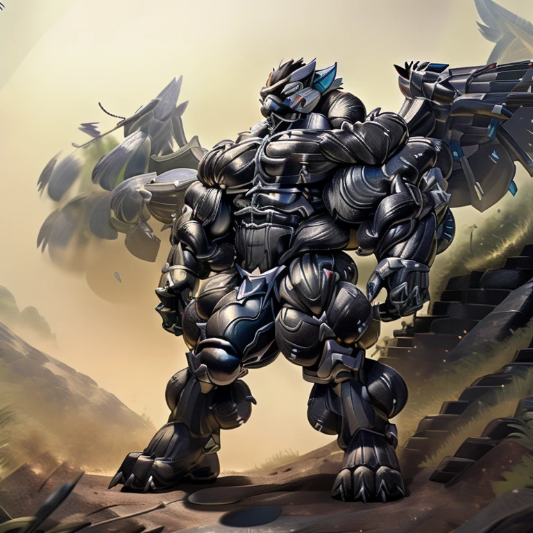 universe, ZERAORA, (gigantic muscles), 8K, Masterpiece, highres, future fiction. Detailed head, Detailed Body, full body, Detailed abs, wearing crNanosuit, big muscle (pecs, triceps, traps) unusually developed muscular body, body full of huge muscles. showing off muscles, pectorales enormes. Exaggeratedly huge muscles. Gigachad Muscular, gigantic muscles, Colossal giant NANOSUIT over a battlefield, The claws are sharp, Sharp teeth, Spread wings, have big wings. nj5furry, Animal paws, hyper penis (black color), long legs, wearing a tiny thong (metallic color: jet black thong)