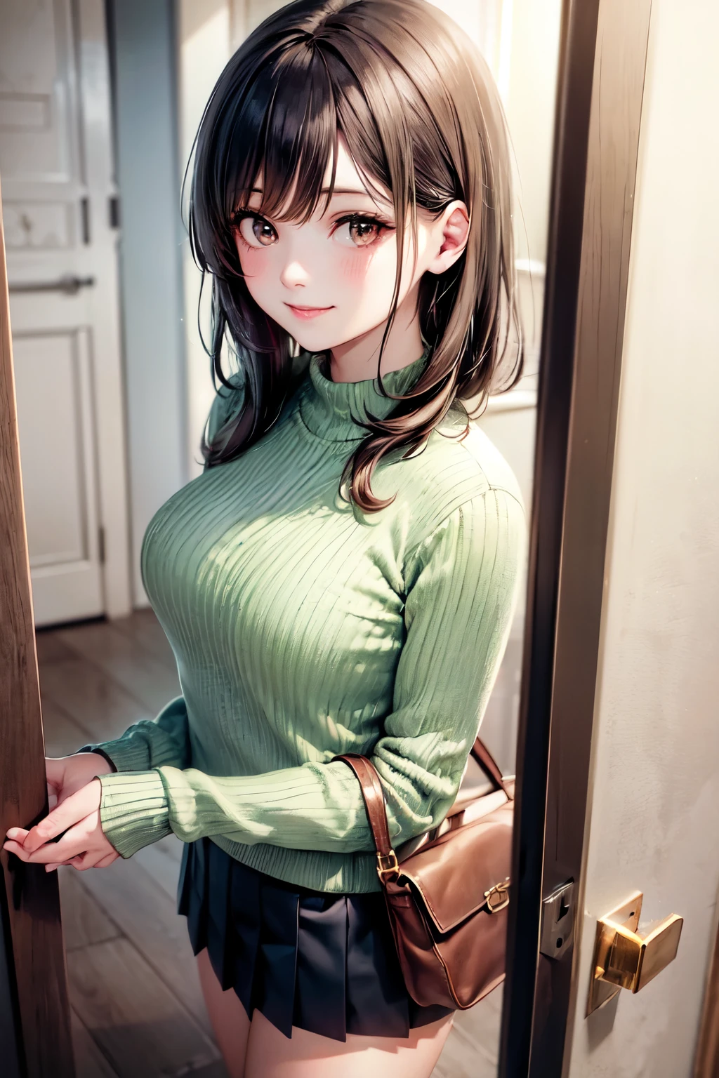 very cute and beautiful girl,(highly detailed beautiful face),(smile),blush,looking at viewer,
(green sweater:1.13),cowboy shot,pleated black mini skirt,
standing in house door,town view,holding tote bag,black hair,
(best quality,masterpiece),absurdres,highres,ultra-detailed,extremely detailed,32k,8k resolution,
intricate details,cinematic scene,detailed background,solo,dynamic angle,aesthetic darkbrown eyes,