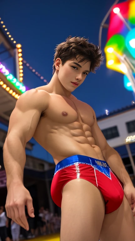 Painting, bullfighter, Two guys At a carnival in Brazil, 1+1 boys dance , among fruits and berries  frivolous young   son, fitness body, voluminous,  elastic buttocks, Tanga panties, playful look, aesthetically pleasing, beautiful, yaoi, super-detailed, high quality. Only male gender, guys, boys 