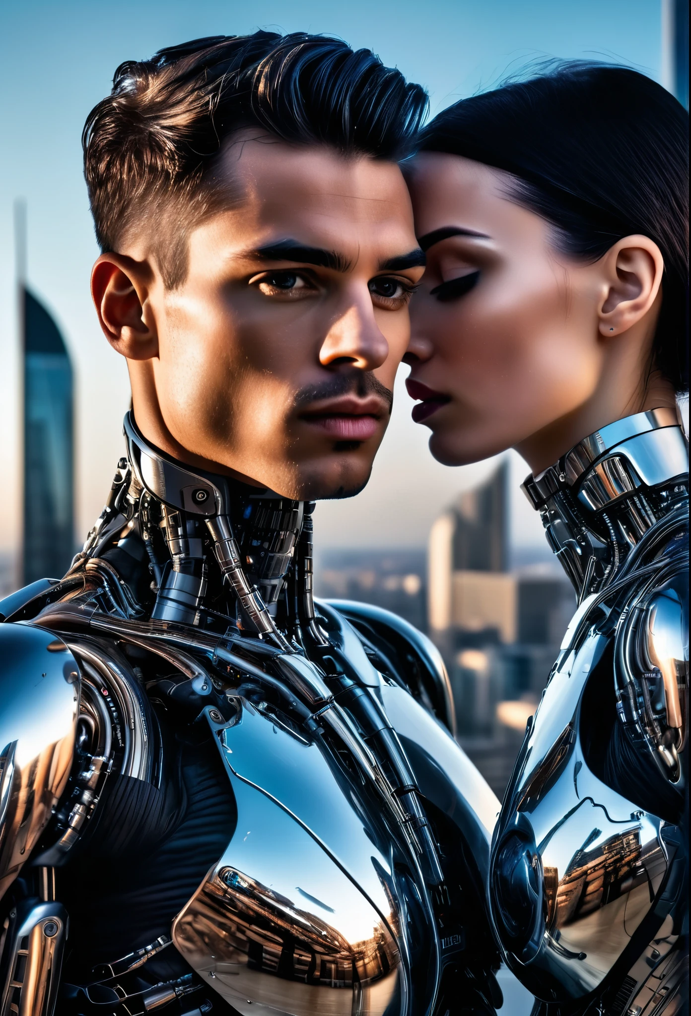 black hair, Surrealism, 8k, masterpiece, masterpiece, ccurate, award winning, UHD, On the rooftop of a skyscraper, a male cyborg and a female cyborg engage in a sexual relationship. They are both depicted in stunning detail, with intricate details highlighting their magnificent anatomies. The scene is captured in the highest quality, showcasing the absurd resolution of 8K. The artwork is a masterpiece, featuring beautiful and slim bodies that are expertly crafted. The intense focus on intricate details enhances the hyper-detailing of the cyborgs' features, making them appear even more realistic. The lighting is soft and natural, casting a gentle glow that accentuates their natural skin textures. The overall composition of the artwork is carefully cropped to showcase the enticing 1/2 body of the cyborgs. The HDR technology further enhances the visual impact of the image, resulting in a truly breathtaking piece.