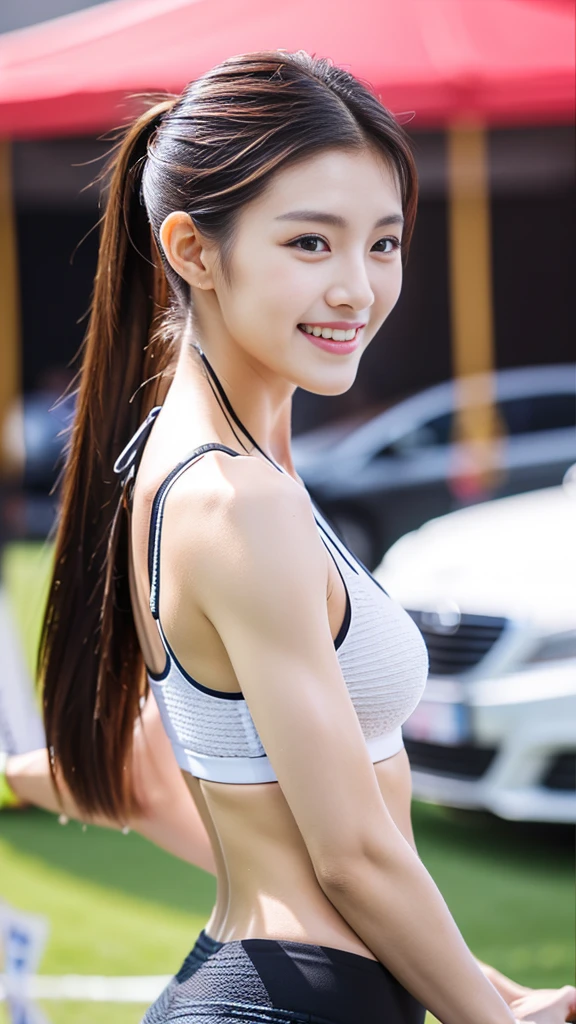 16k Ultra HD,Top quality,Extreme picture details,real picture,Textured Skin,Shandong beauty model,Highlights extremely exaggerated feminine muscular body features,Very tall and straight,elongated face,Longer chin,Bigger jaw,High Ponytail,Sports bra,Outdoor runway,whole body,,Sexy belly,Smile,