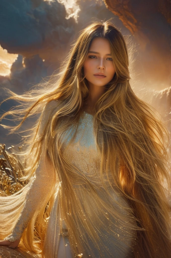 a tragically beautiful girl, long flowing hair, ethereal glowing skin, eyes full of sorrow, elegant flowing dress, standing in a fantastical landscape, sunlight streaming through clouds, warm golden radiant light, dreamlike atmosphere, highly detailed, intricate, cinematic, dramatic, emotional, photorealistic, award-winning digital art