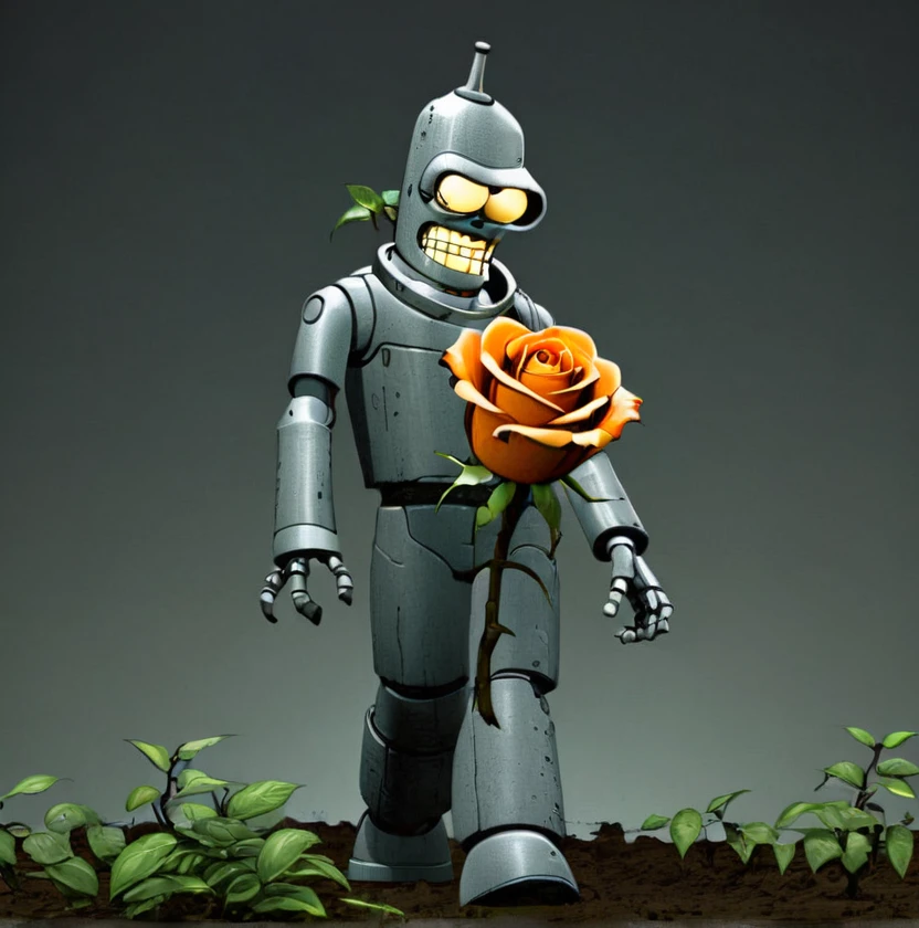 Bender holding orange rose,walking in garden,evil angry expression,looking at viewer,Akira style cyberpunk dystopian sci-fi,highly detailed,hyper realistic,cinematic lighting,dramatic shadows,vibrant colors,8k,studio quality