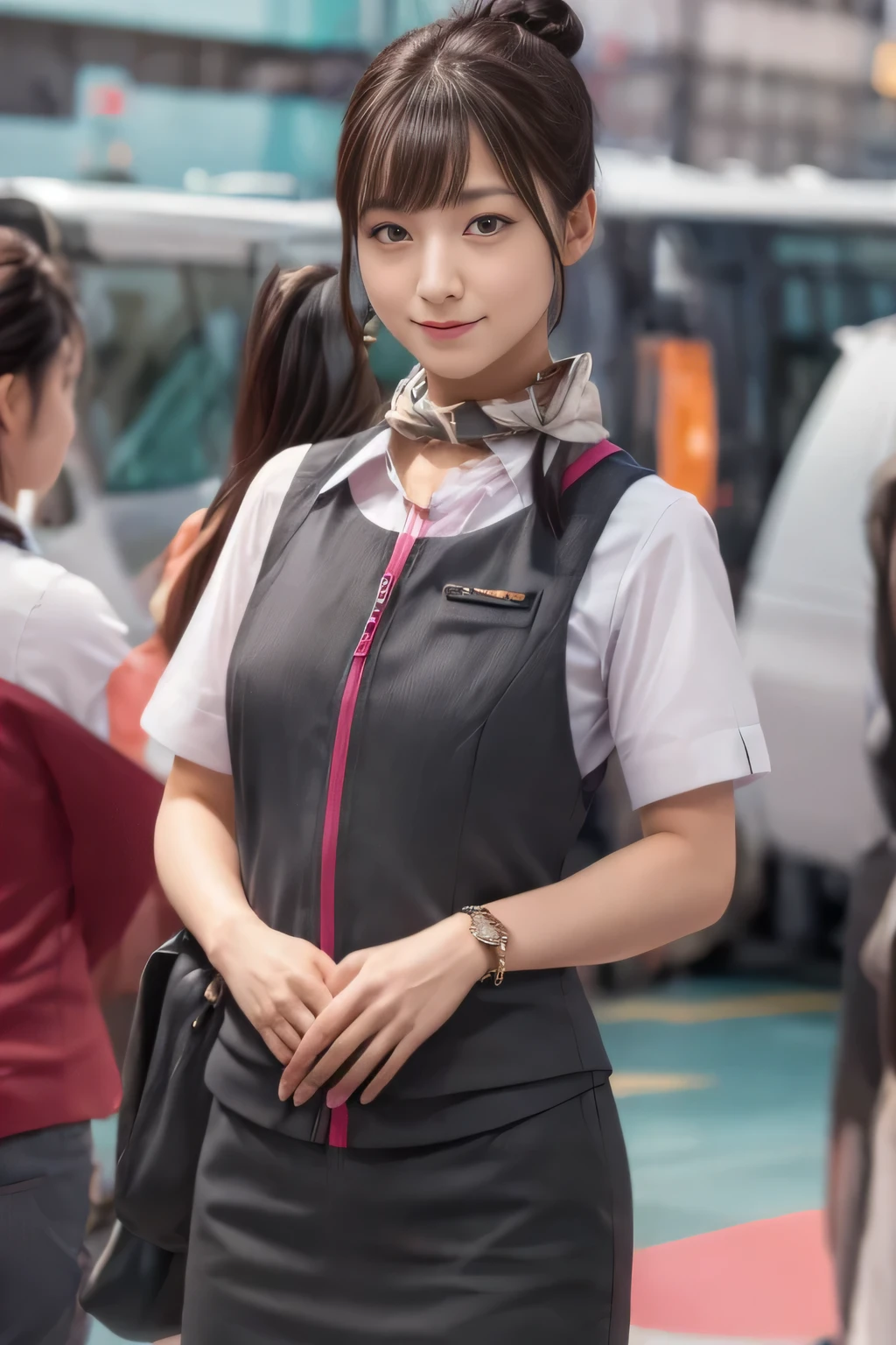 (masterpiece:1.2, highest quality:1.2), 32K HDR, High resolution, (alone、1 girl)、（At the station platform、Professional Lighting）、Background of an empty station platform、（Realistic style of JR Gran Class crew wearing uniform）、Short sleeve blouse、a scarf around the neck、（JR Gran Class flight attendant uniform with pink parts on the skirt sleeves）、（JR Gran Class flight attendant uniform with pink line on front zipper of vest）、Dark brown hair、（Hair tied up、Hair Bun、Hair Bun）、Dark brown hair、Long Shot、Big Breasts、（（Great hands：2.0）），（（Harmonious body proportions：1.5）），（（Normal limbs：2.0）），（（Normal finger：2.0）），（（Delicate eyes：2.0）），（（Normal eyes：2.0））)、Luxury Necklace、smile、Beautiful standing posture,Place your hands around your stomach