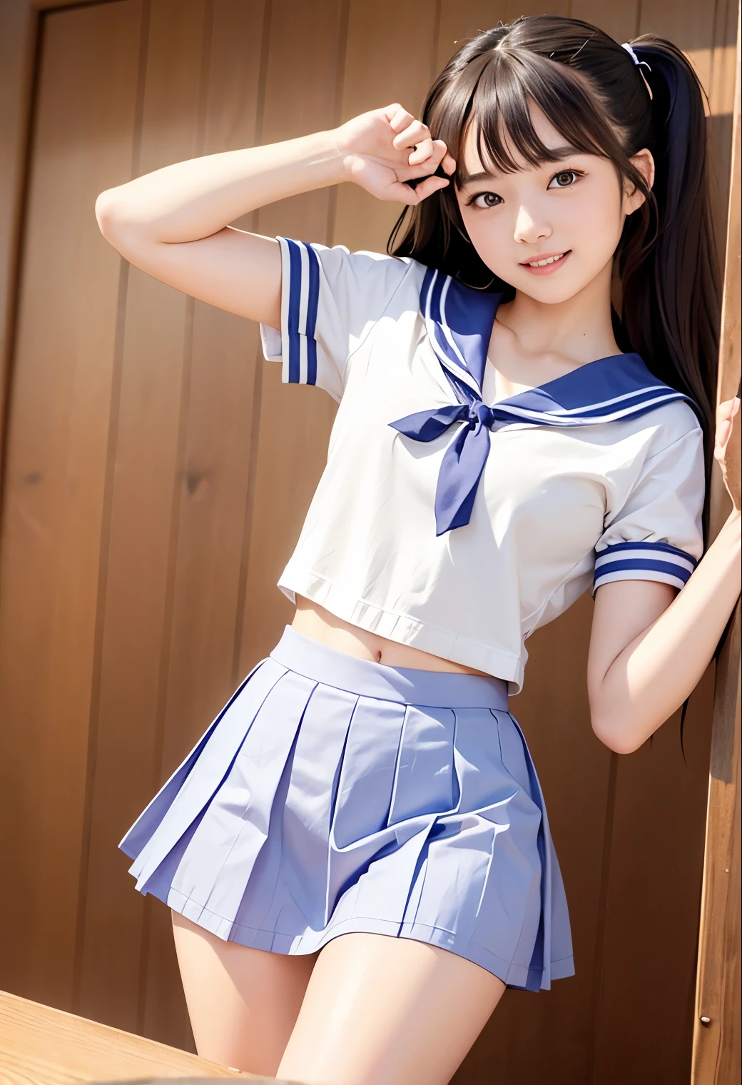 (highest quality,masterpiece:1.3,Ultra-high resolution),(Very detailed、Caustics) (Realistic:1.4, RAW shooting、)Ultra-Realistic Capture、Very detailed、Natural skin texture、masterpiece、(Japanese female student wearing high school short-sleeved summer sailor uniform:1.3)、Adorable expression、Expressions of happiness、、height: 148cm、Young Face、Amazingly cute、Twin tail hairstyle、Straight hair、Scrunchie、Black Hair、light makeup、Slightly large chest、Shining thighs、Shining ass、Filmed in a junior high ackground details、(Lift up your skirt:1.3)、Satin fabric panties are visible、smile、An inviting gaze、Anatomically correct、Side shot、Cowboy Shot、Attention to detail、Poses that accentuate the legs、