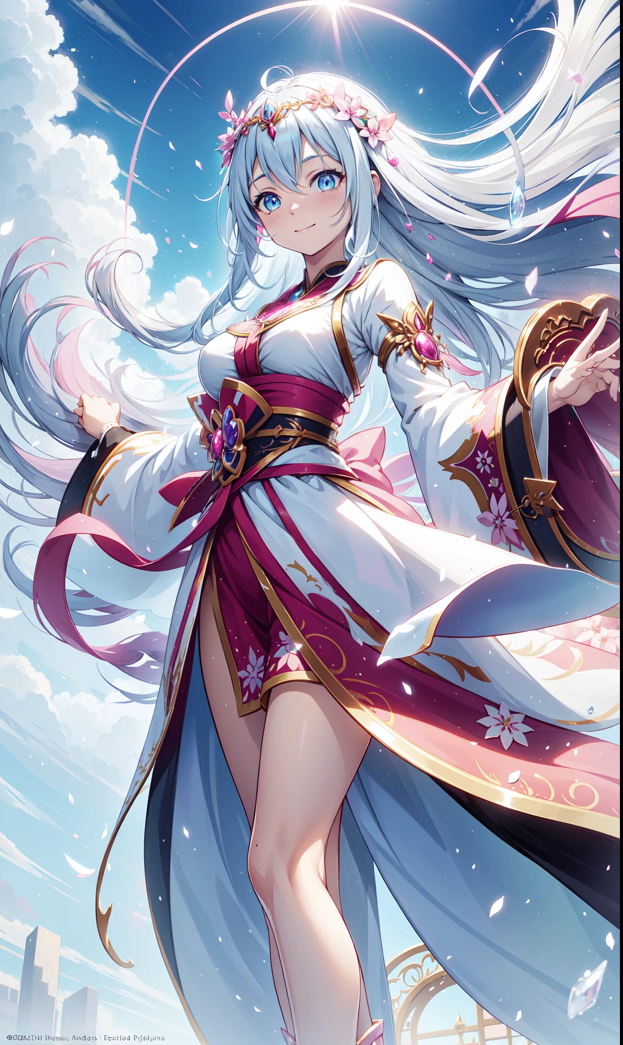 Anime girl with long black hair and pink dress in the snow, White-haired god, Hair floating in the air, Anime fantasy illustration, Flowing white hair, Beautiful young human, Beautiful fantasy anime, Shiny and flowing hair, Ethereal Anime, Beautiful anime artwork, Beautiful digital artwork, Anime Fantasy Artwork, ((Beautiful fantasy princess)), 2. 5 d cgi Anime Fantasy Artwork,super ultra detail,happy,in love