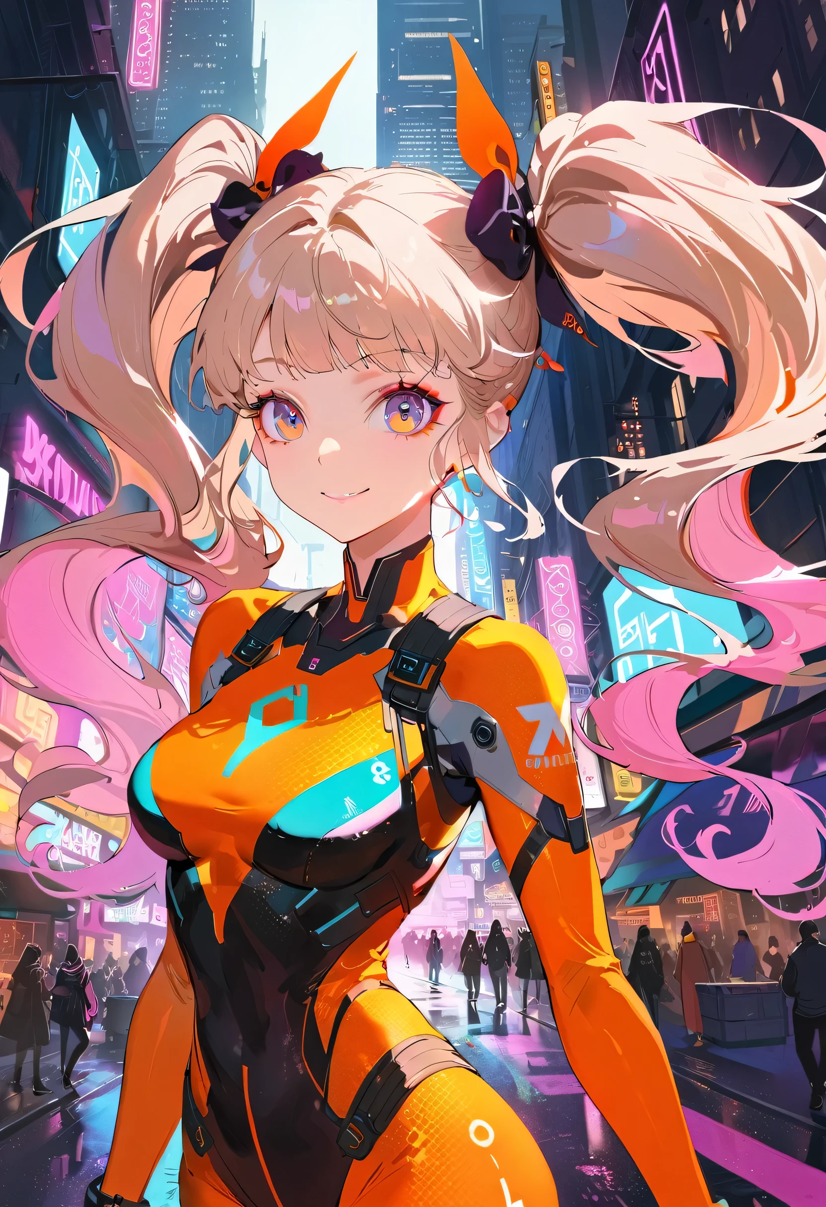 a girl in a tight combat suit, twin tails, large beautiful and strange eyes, radiant smile, walking on the streets of a cyberpunk desert city, perfect face, exquisite makeup, highly detailed, 8k, hyper detailed, concept art, dramatic lighting, neon lights, vibrant colors, cinematic composition,close up
