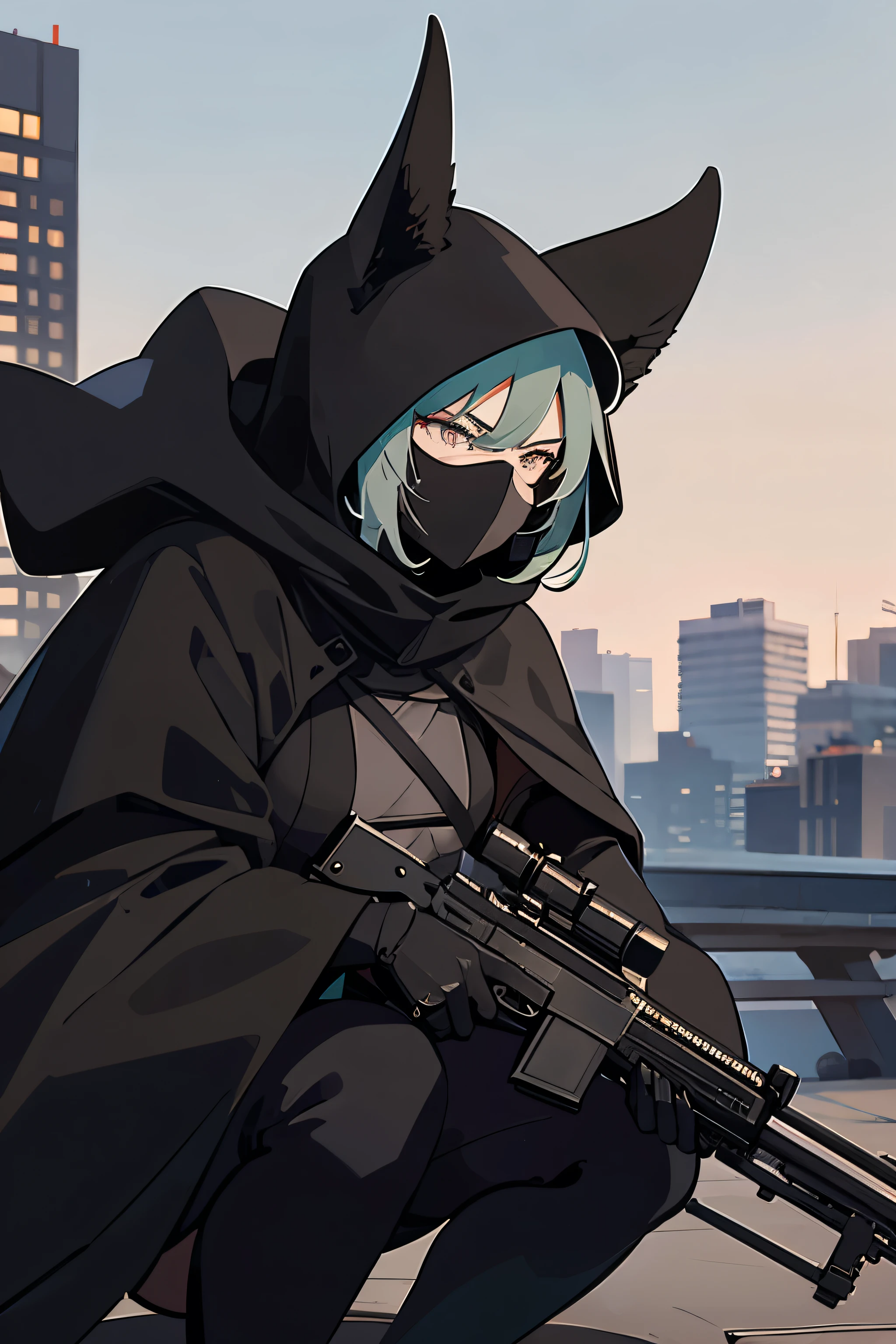 an older woman with a skull mask covering her face, crouching on a rooftop and aiming over the side with a sniper rifle. She is wearing a long, black cloak that blowing in the wind. She has long, olive green hair which is only visible around her hood. She is wearing gloves and tactical gear. She has a stern facial expression. She is alone on the rooftop