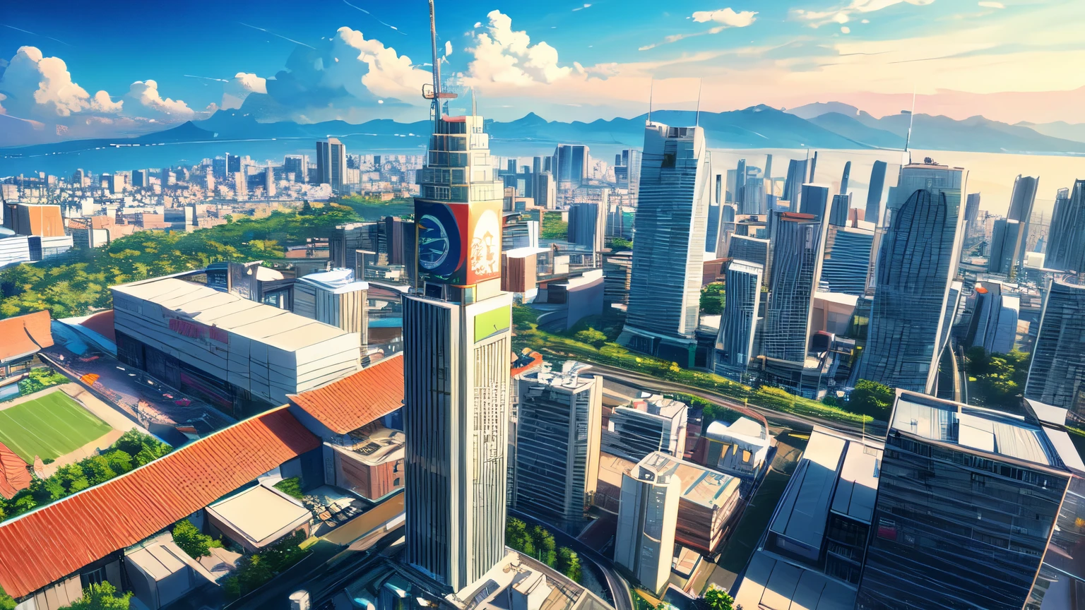 ((best quality)), ((masterpiece)), (detailed), stunning aerial shot of a bustling
anime cityscape merging Japanese and Thai architectural styles, blue archive
game inspired.