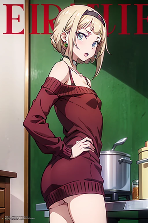 (small breasts:1.3), (perky chest:1.1), (pointed chest:1.0), (fashion magazine cover:1.3),(from below:1.0),(from side:0.9),masterpiece, 1girl, Amazing Cleavage:1.1, thin waist, big ass, Raised sexy, small breast: 1.3, posed cleavage:1.2、solo, looking at viewer, open mouth, have a cute grass of cute beergrass,black hair, dark green eyes, dress, bare shoulders, jewelry, collarbone, sidelocks, hairband, earrings, indoors, off shoulder, :o, sweater, arms behind back, plant, short hair with long locks, gild hairband, off-shoulder dress, sweater dress, off-shoulder sweater, red sweater, dark gord hair, big side hair, very long side hair,is rendered in (masterpiece: 1.2, best quality), with (ultra high resolution) and an exquisite (depth of field). This masterpiece is not only visually stunning but also tells,A scene of cooking in the kitchen by classroom