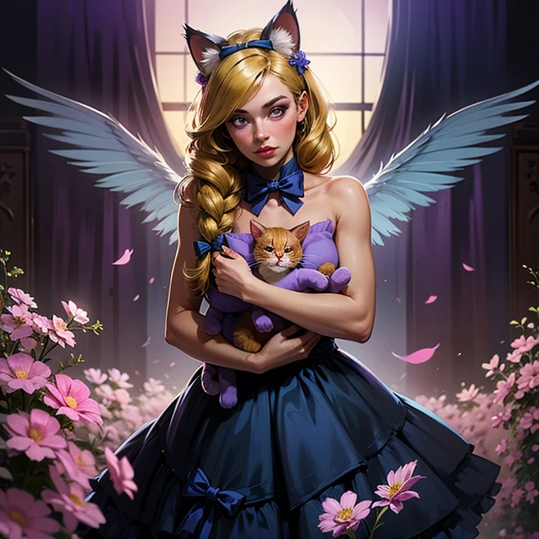 1girl, naked, animal ears, purple eyes, yellow hair, wings, solo, long hair, blush, cat ears, flowers, looking at viewer, braids, bows, dresses, pink flowers, bows, hair accessories, bangs, cats, hair flower, animal ear hair, holding, virtual youtuber, blue bow, holding animal, catwoman, stuffed toy