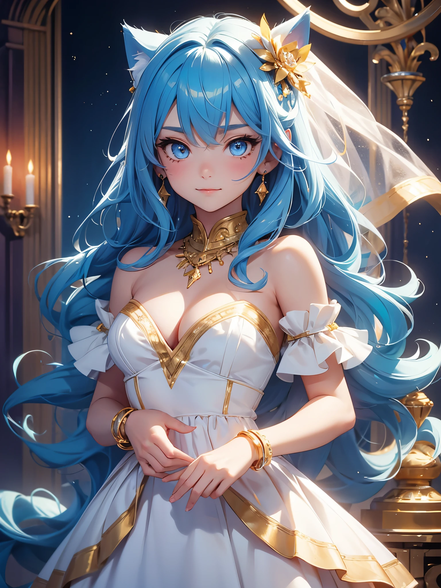 {{{official art}}}, {{solo}}, {Adult} Pink skin, {hair strand}, {{medium breasts}},,{cleavage}, {evening gown}, {gown}, strapless dress, {{bare shoulders}}, {{{{satin}}}}, {embroidery}, bracelet, {jewelry}, {hair ornament}, necklace, earrings, {{long hair)}}, blue hair, gold eyes, blue hair,, {white dress}}, eye focus, looking at viewer, blush, {{gold trim}}, ornate, hotel room, cowboy shot, {{{{layered dress}}}}, v arms, 1 girl, solo, only 1 girl, yellow eyes, cat ears deep blue hair, hime cut, prism eyes smile, adult,