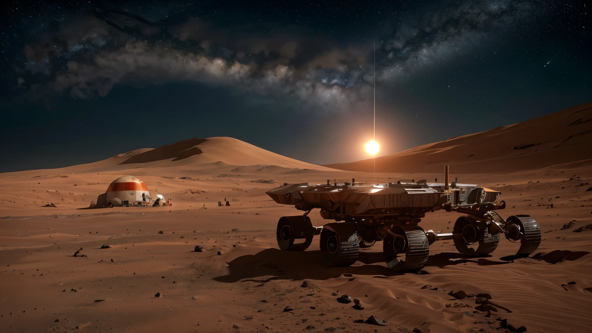 The future Mars base,Many astronauts explore the surface of the red planet,The background is the Earth in space and the advanced facilities of the Mars base,Including spacecraft、Living modules and research laboratories。There are bright stars and the satellite of Mars in the sky。The whole scene embodies human courage、Innovation and exploration。