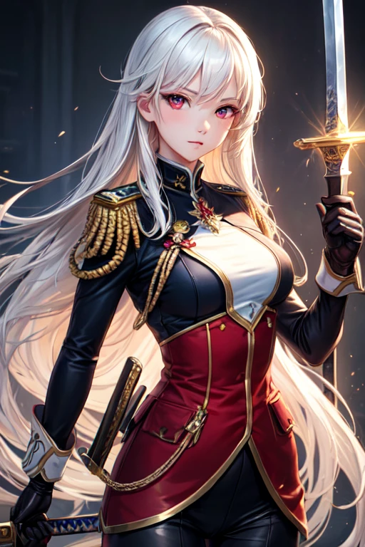 ((best quality)), ((masterpiece)), (detailed), perfect face girl with long white hair, red eyes, sexy body, medium breasts in military uniform, carrying a sword, royal background