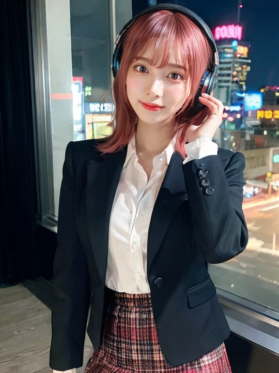 Full Body Photo、The whole body is captured、プロの写真最high quality, masterpiece, 32k、Very detailed、Realistic、1 girl, Japanese women、Cute Face, (photo Actual:1.3),Bob Hair(Red pink hair color、Red pink hairstyle)、Edge lighting, (Skin with attention to detail:1.2), 8k超High resolution, Single-lens reflex camera, high quality, High resolution, 4K, 8k, Optimal ratio of four fingers to one thumb, (Actual:1.3), cute 1 girl, Realistic、Super Realistic、32k、Very detailed、masterpiece, 最high quality, beautiful girl, beauty、Mecha, Beautiful lighting, (Neon Light:1.2), (night:1.5),suit、ネイビー色のビジネスsuit、Short skirt、Big Breasts(big 、There is a valley)Cat ear headphones、Are standing、Work remotely from the office