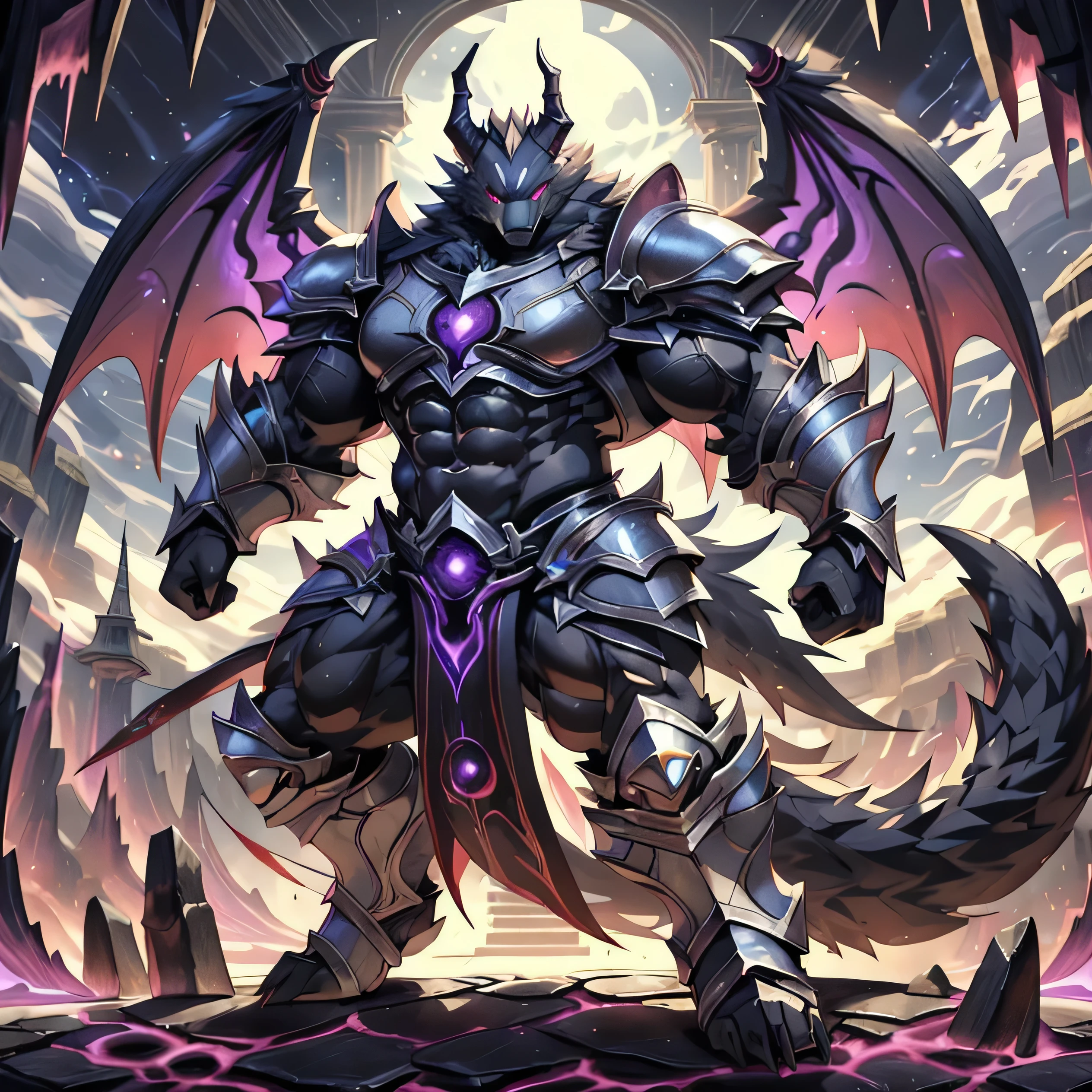 masterpiece, ultra detailed, multicolored eyes, calamity being, solo focus, male, ((multi-eyed wolf| red eyes)), demon wolf, big horn, nice shape body, (silver armor:1.6), (loincloth:1.2), sharp claw glove, big snout, sharp teeth, (fluffy demonic tail:1.5), (multi-eyed:1.3) (corruption void rift:1.7), full body, anthro, (bodybuilder body:1.8), reflective, dispersion, (dimensions power:1.5), rift makers, (ethereal, nightmare fuel), (night background), detailed body, detailed face, (kemono), perfect eyes, realistic eyes, detailed eyes, swaying, shadowverse, cygames, official art, video games, digitigrade, 16k wallpaper, HD, satisfied art