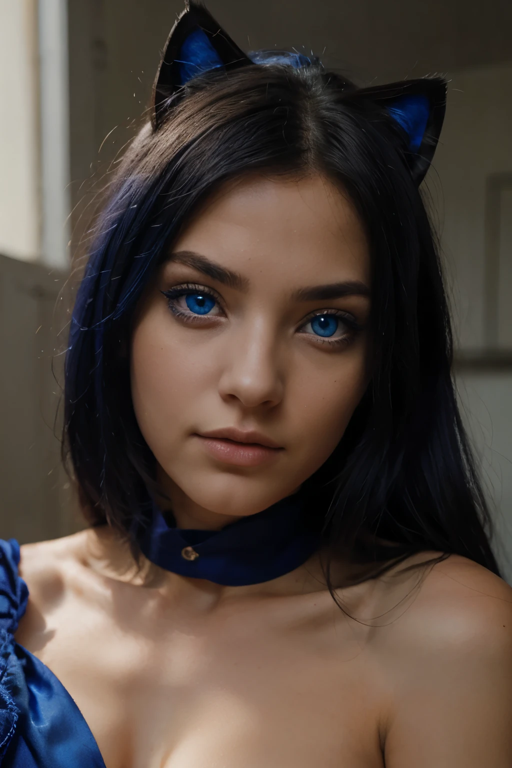 Portrait beautiful women with blue catlike eyes