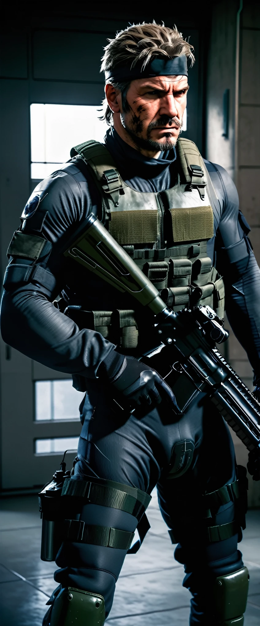 A highly athletic man in a tight combat suit, portraying the iconic Solid Snake character from the Metal Gear series, numerous detailed weapons on his person, sneaking around a guarded high-security military facility, extremely detailed, hyperrealistic, cinematic lighting, dramatic shadows, gritty, photorealistic, masterpiece, 4k, 8k, ultra-detailed, sharp focus, physically-based rendering, vivid colors, concept art style
