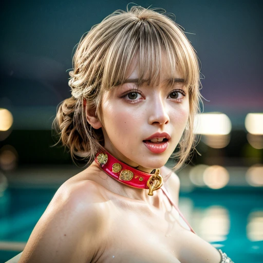 (SFW:1.6), Best_Quality, (masterpiece:1.2) of professional Analog Hi-Res photo, (realistic and photorealistic with touch of rawness:1.37), a close-up portrait of (KAWAII princess wearing thongs), Infinity pool on the roof of Skyscraper, Golden sky at dusk, intricate lighting effects with light particles, ((many colorful lights (dazzling bokeh))) . BREAK { Mystic sight | (many Luminous Particles:1.4) | sparkling splash | flying droplets | Rain drops | Luminous water surface | enjoying summer festival | Big City and Brilliant Skyscrapers }, { Childish | Gigantic Cleavage | Half Laying down | number on arm } . BREAK (((NOGIZAKA)))  Extremely Detailed very KAWAII face variation, captivating gaze, elaborate detailed Eyes with (sparkling highlights:1.2), long eyelashes、Glossy RED Lips with beautiful details, Coquettish tongue, Rosy cheeks, Wet Glistening ivory skin . (Dynamic joyful expressions), { pleasure in agony | Ecstasy | :D | screaming | Perplexed } . hair and eye color is same color, { Full of flowers | Chained Red leather high collar | Red ribbon | Tiny Coronet | Pearl piece | half updo | short bob }, from diagonally angle, Volumetric lighting .