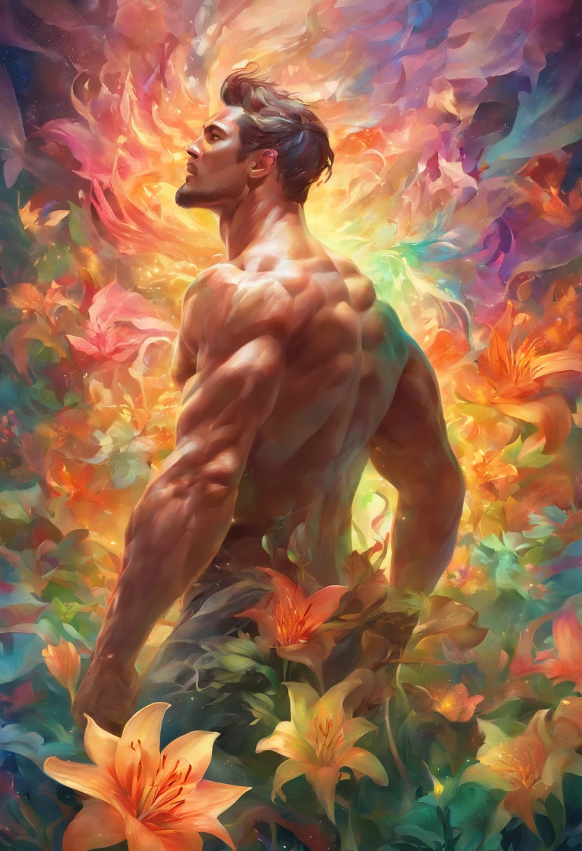 A strong, manly, naked man in an explosion of rainbow-colored translucent lilies, ((strong and muscular body, realistic)),Rendered by Octane,Unreal Engine,Rococo Paper Cut,Green and White Watercolor