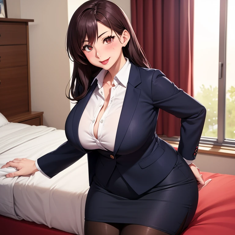 anime,35-year-old woman１people 、business suit、pensil Skirt，Blushing，Red lips，Sexy，Bedsit、Wear underwear、Sweat、lure、breast forcus、curvy、sedusive smile、pantyhose、MILF