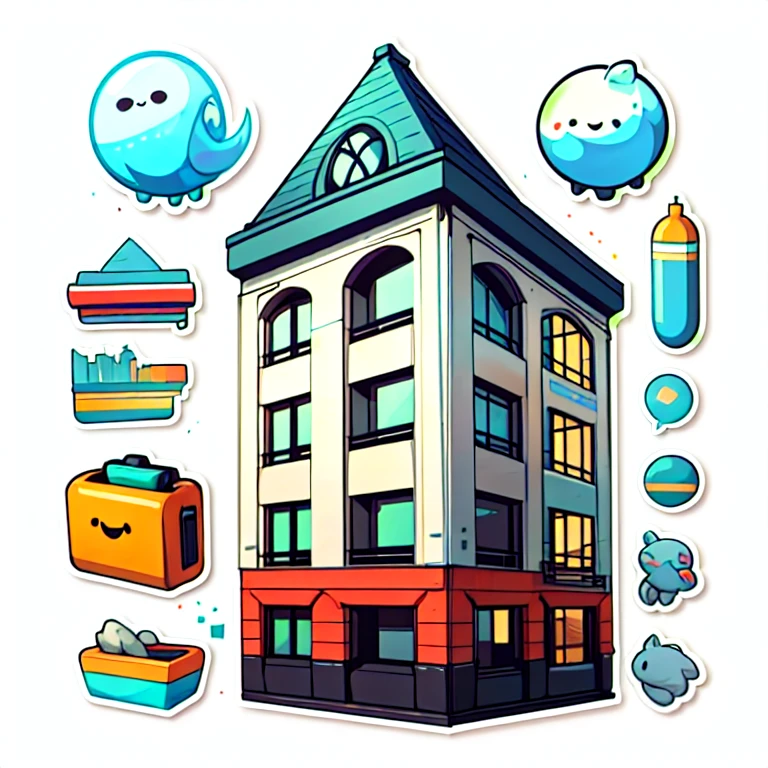 1 sticker, sticker, (Building), Office building, white background, no background, simple background, minimal, cute, tiny, gorgeous color, rich color, vector style, no gradient,